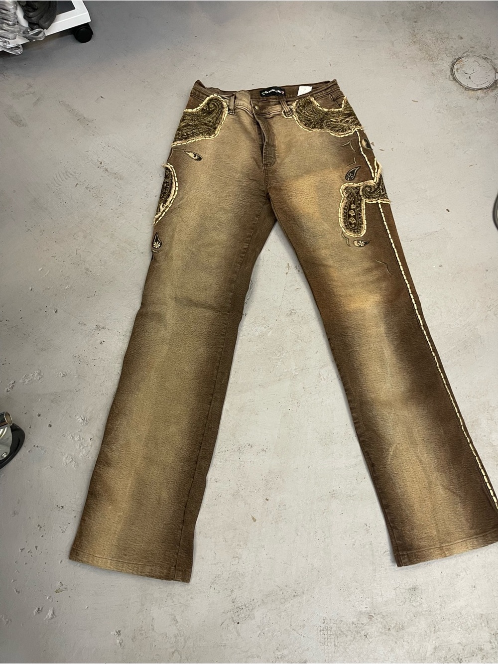 Straight Leg Women’s Jeans in Distressed Bronze with Embroidery
